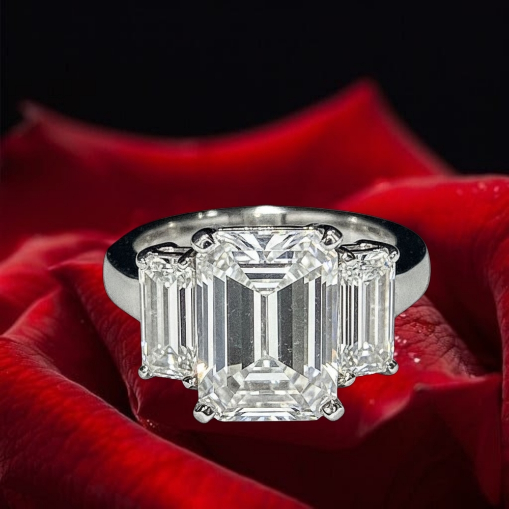 Stunning DE Sterling Silver 3 Emerald Cut Cubic Zirconia Stones Ring